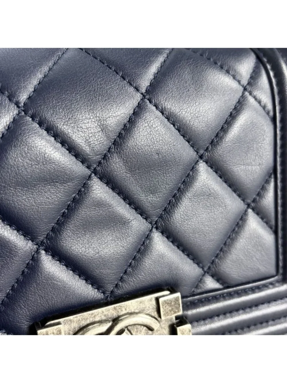 Chanel Shoulder Bag Quilted Boy Crossbody Lambskin Navy Silver